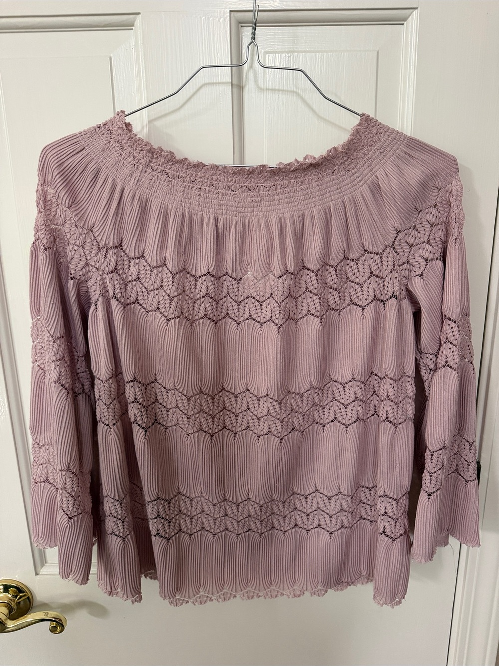 Say What? Women's Mauve Peasant Blouse with Lace Insets - Medium